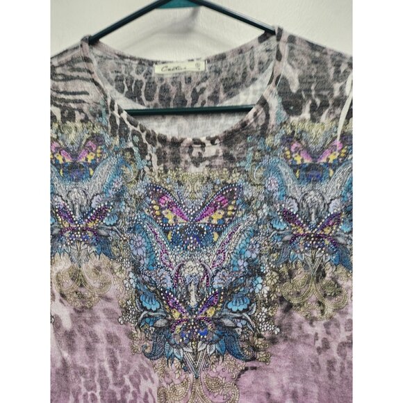 Cactus Tunic Top Wearable Art Butterfly Print Womens Small Purple Rhinestones - Picture 3 of 7